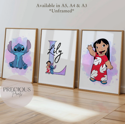 Set of 3 Personalised Lilo and Stitch Prints