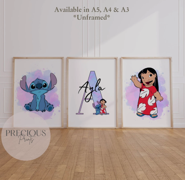 Set of 3 Personalised Lilo and Stitch Prints