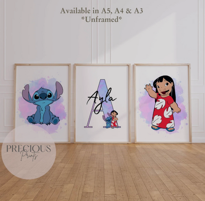 Set of 3 Personalised Lilo and Stitch Prints
