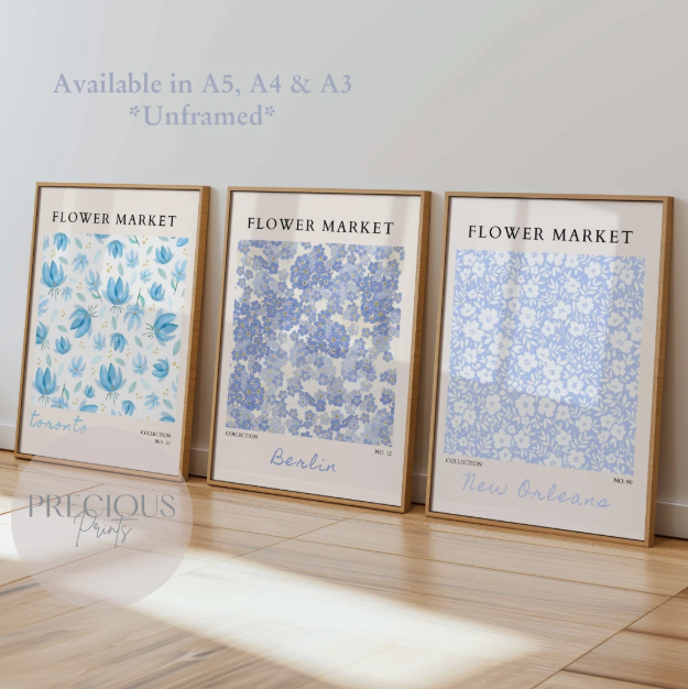 Set of 3 Blue Flower Market Prints