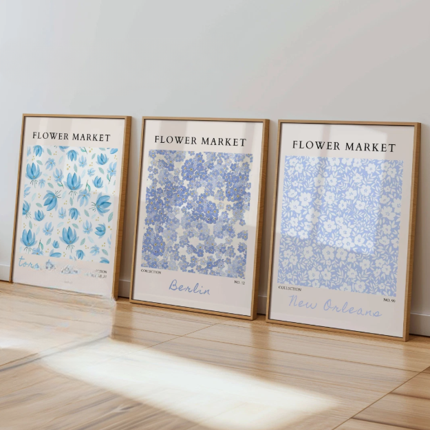 Set of 3 Blue Flower Market Prints