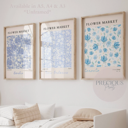 Set of 3 Blue Flower Market Prints