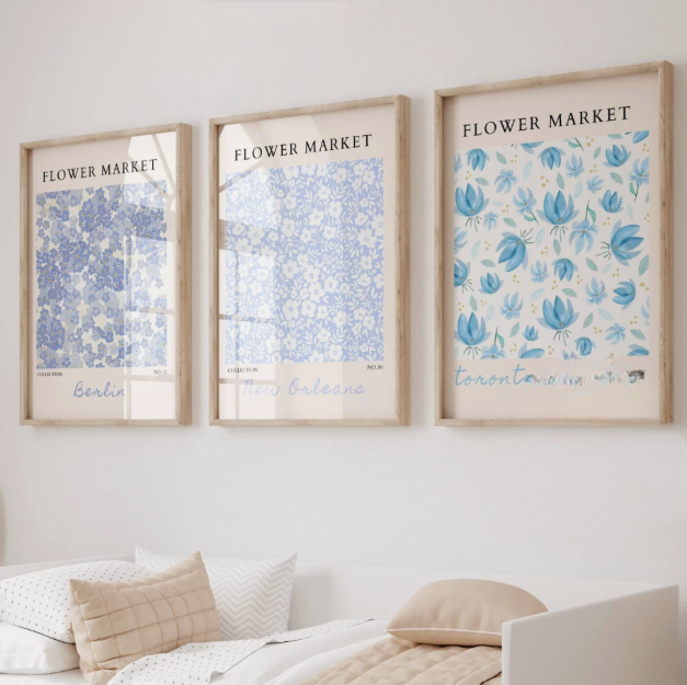 Set of 3 Blue Flower Market Prints