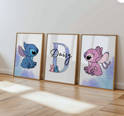 Set of 3 Personalised Stitch Nursery Prints | Kids Bedroom Wall Art | Disney Inspired
