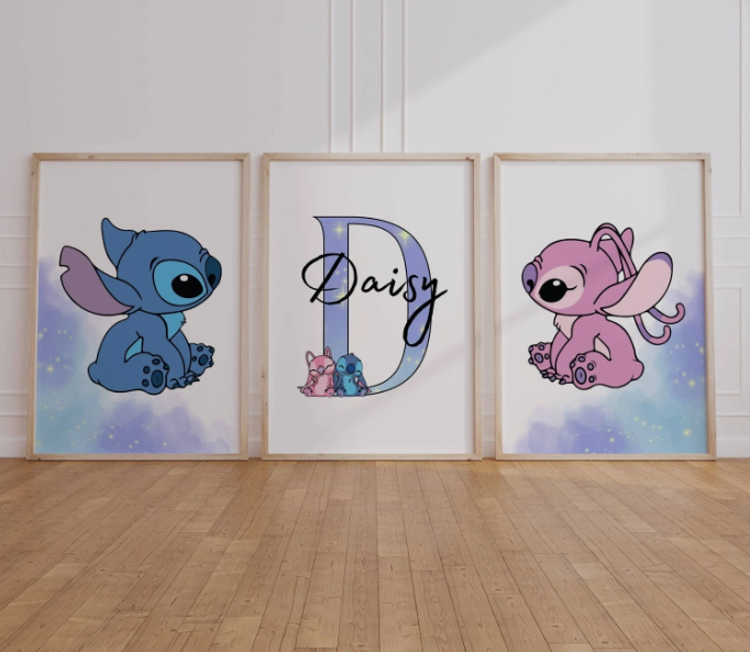 Set of 3 Personalised Stitch Nursery Prints | Kids Bedroom Wall Art | Disney Inspired
