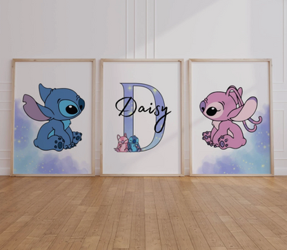 Set of 3 Personalised Stitch Nursery Prints | Kids Bedroom Wall Art | Disney Inspired