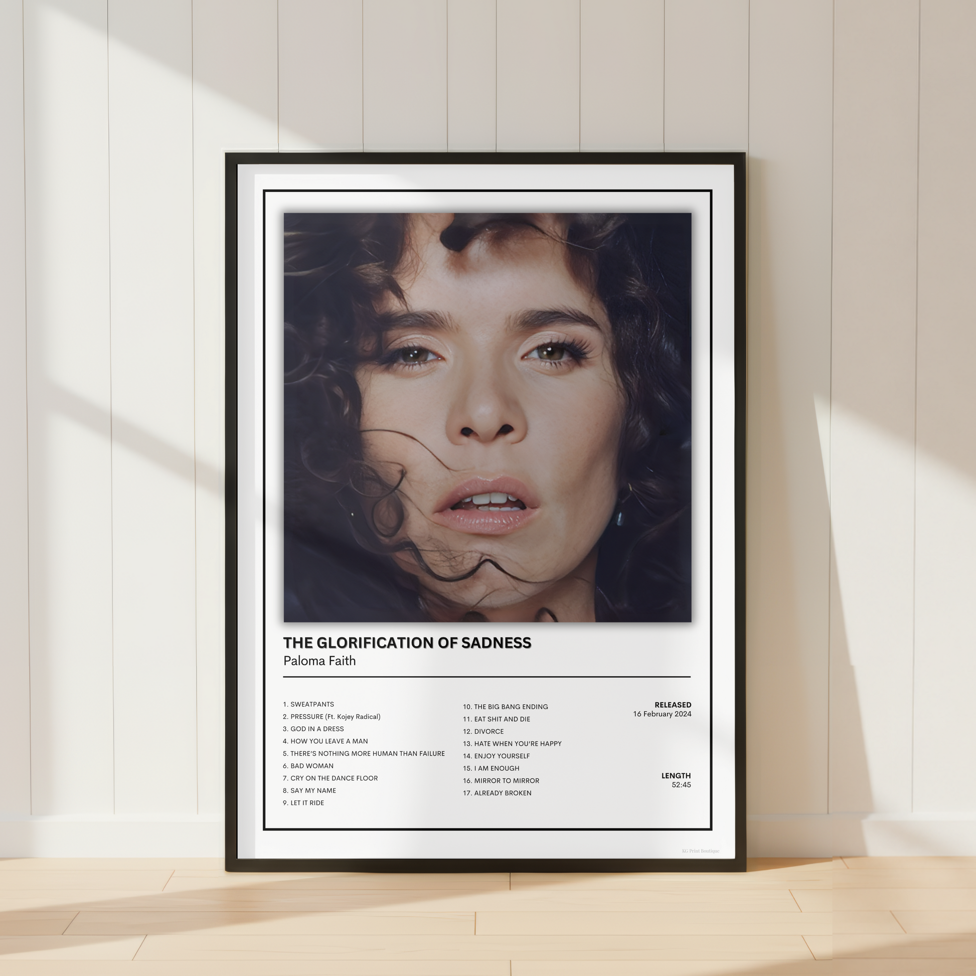 Paloma Faith The Glorification of Sadness album cover print displayed in a modern minimalist interior.