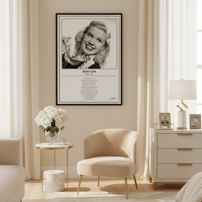 A framed black-and-white music poster of Doris Day's song 'Secret Love' leaning against a white paneled wall on a light wood floor, with soft sunlight casting shadows across the scene.