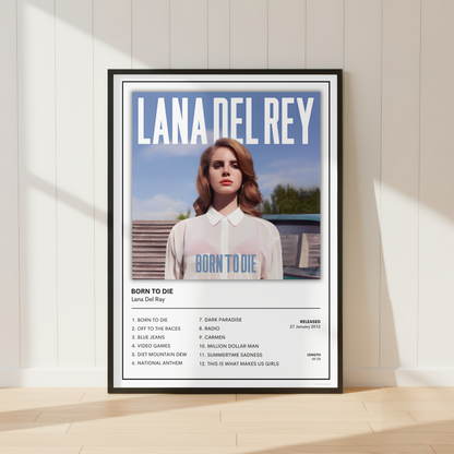 Framed Lana Del Rey Born To Die album cover print displayed in a bright modern living room with contemporary music-inspired décor.