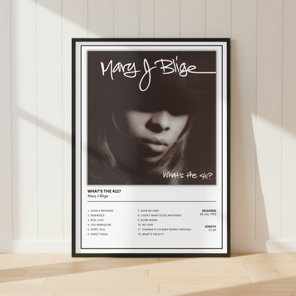 A framed black and white music poster of Mary J. Blige's album 'What's The 417?' leaning against a white paneled wall on a light wood floor.