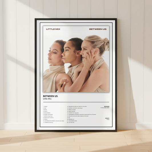 Framed Little Mix Between Us album cover print displayed in a stylish modern living room with neutral décor and vinyl record storage.
