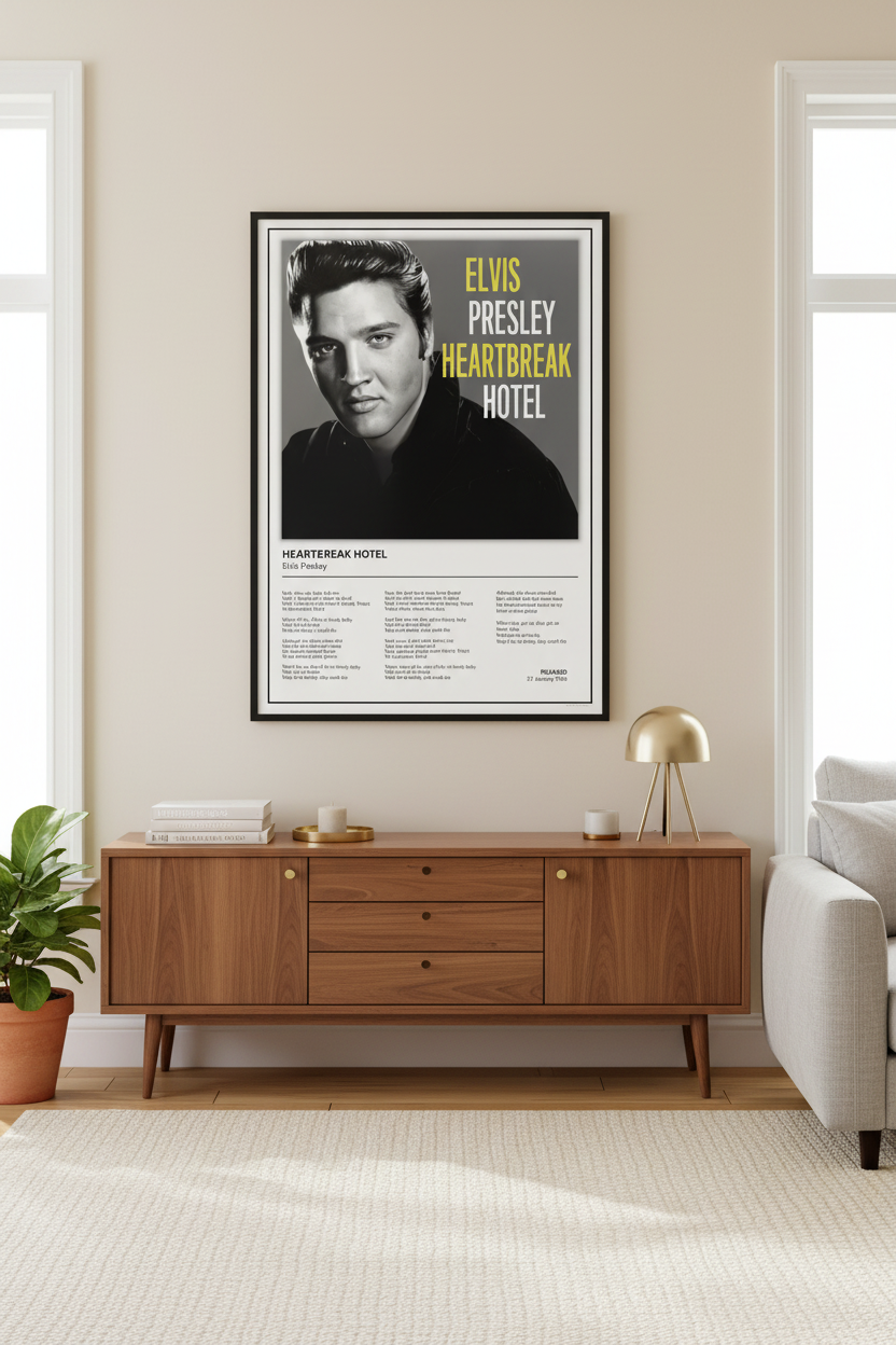 A framed Elvis Presley 'Heartbreak Hotel' poster leaning against a light beige paneled wall on a pale wood floor. The poster features a black-and-white portrait of Elvis, large yellow text reading 'ELVIS PRESLEY HEARTBREAK HOTEL,' and song lyrics printed below.