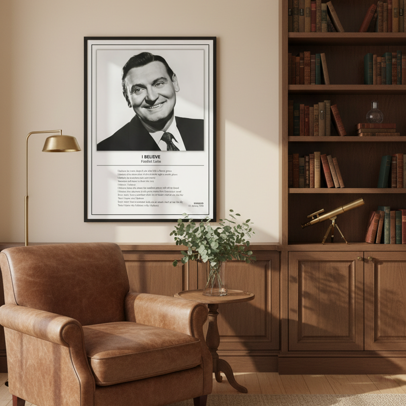 A framed black-and-white poster of Frankie Laine leaning against a white paneled wall on a light wood floor. The poster includes his portrait at the top and the text 'I BELIEVE' with additional text below.