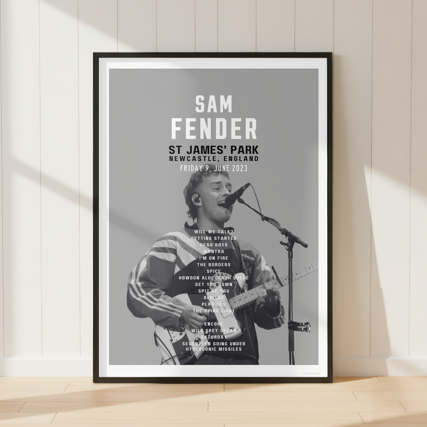 Sam Fender St James' Park Newcastle concert setlist poster displayed in a stylish modern bedroom with vinyl records, a guitar and contemporary music-inspired décor.