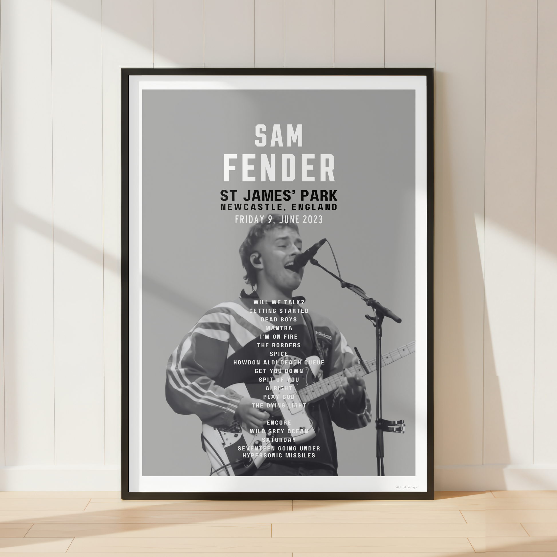 Sam Fender St James' Park Newcastle concert setlist poster displayed in a stylish modern bedroom with vinyl records, a guitar and contemporary music-inspired décor.