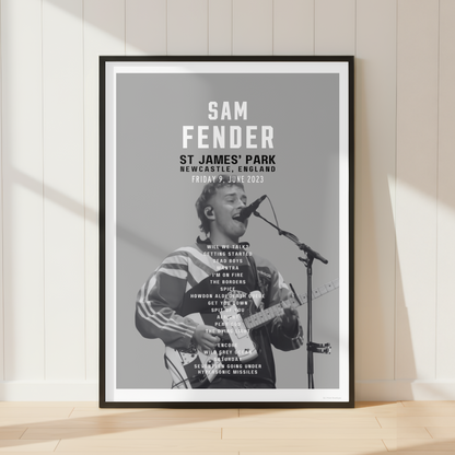 Sam Fender St James' Park Newcastle concert setlist poster displayed in a stylish modern bedroom with vinyl records, a guitar and contemporary music-inspired décor.