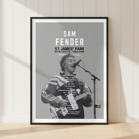 Sam Fender St James' Park Newcastle concert setlist poster displayed in a stylish modern bedroom with vinyl records, a guitar and contemporary music-inspired décor.
