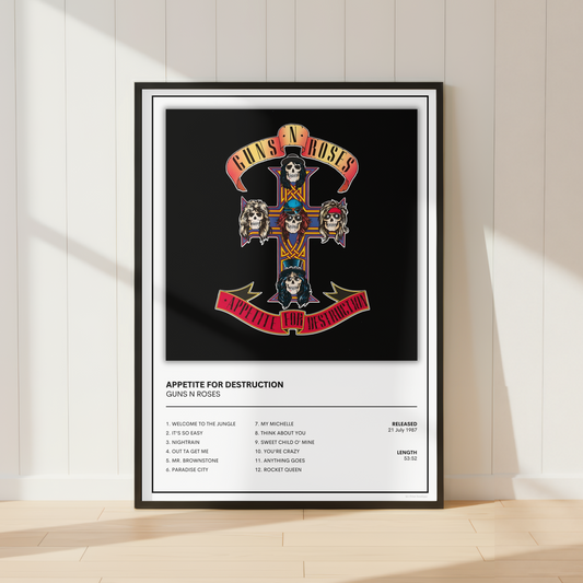 A framed music poster of Guns N' Roses' album 'Appetite for Destruction' leaning against a white paneled wall on a light wood floor, with soft window shadows cast across the scene.