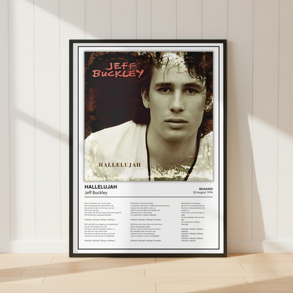 A framed music poster of Jeff Buckley's album 'Hallelujah' leaning against a white paneled wall on a light wood floor, with soft window shadows cast across the scene.