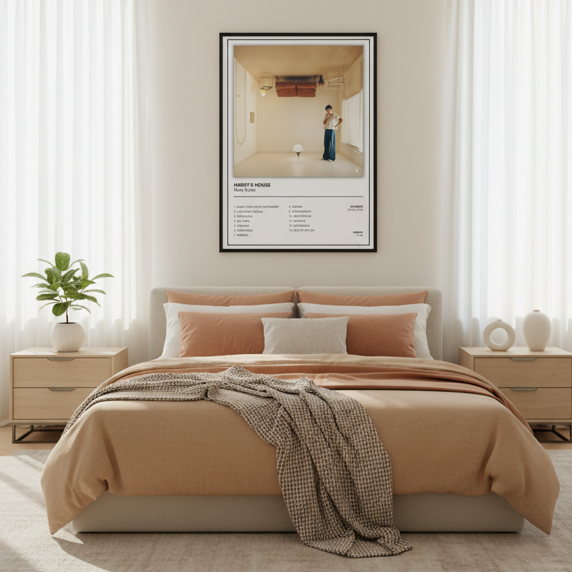 A framed music poster for Harry Styles' album 'Harry's House' leaning against a white paneled wall on a light wood floor. The poster features a black frame, white mat, and a photograph of a man in a minimalist room, with the tracklist printed below.