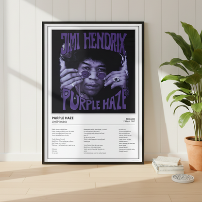 A framed Jimi Hendrix 'Purple Haze' poster leaning against a white paneled wall on a light wood floor, with soft sunlight casting shadows across the scene.