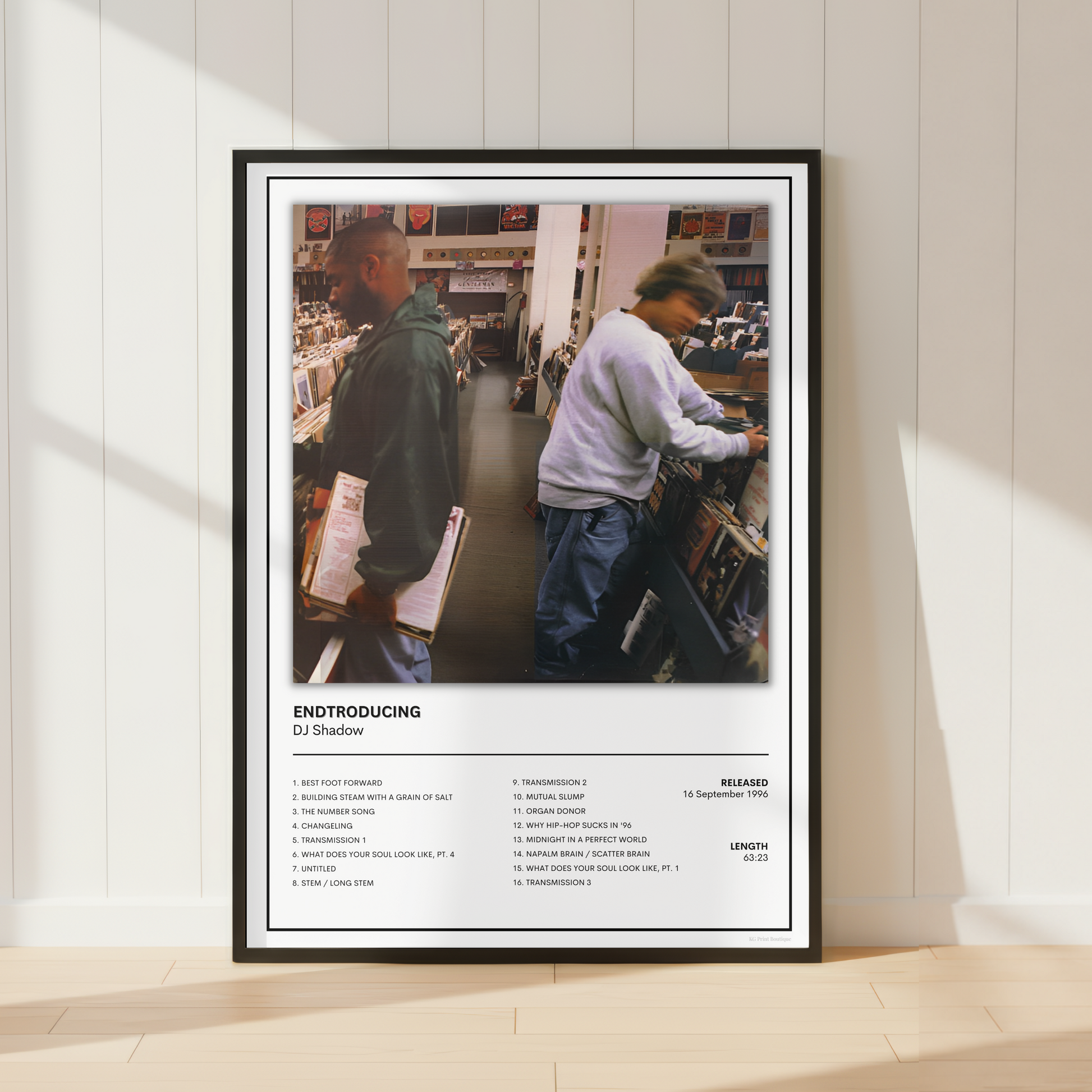 Minimalist DJ Shadow Endtroducing music print with album artwork and track listing