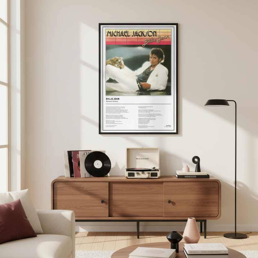 A framed Billie Jean Michael Jackson poster leaning against a white paneled wall on a light wood floor, with soft window shadows cast across the scene.