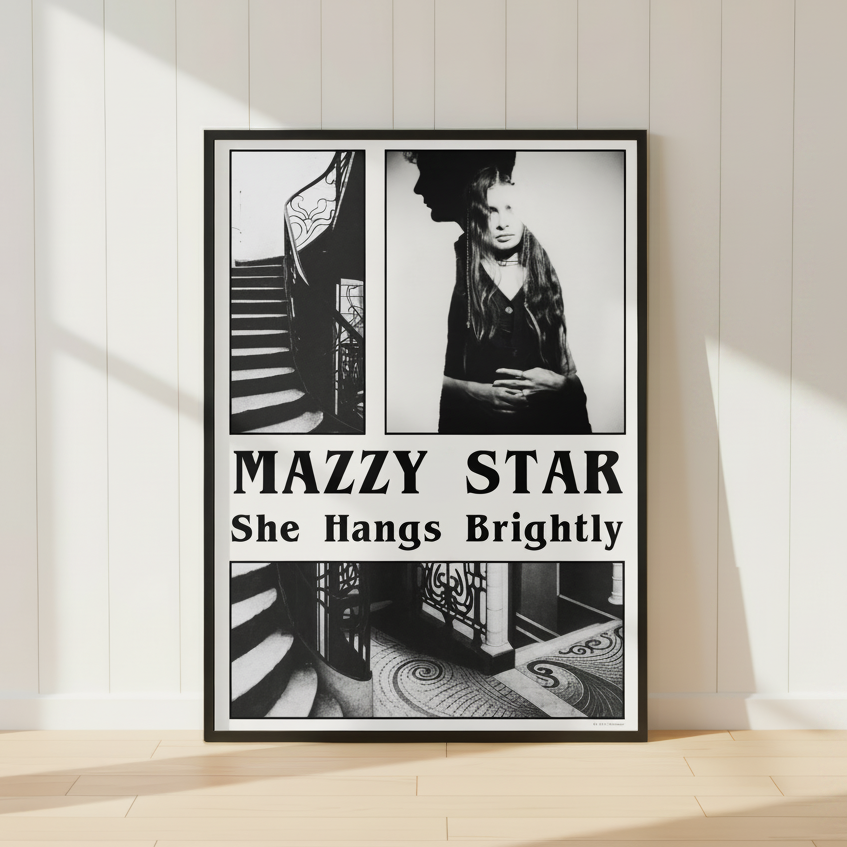 Mazzy Star She Hangs Brightly inspired monochrome music wall art print.