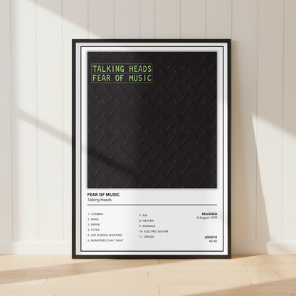 A framed music poster for Talking Heads' 'Fear of Music' is displayed leaning against a white paneled wall on a light wood floor, with soft sunlight casting shadows.