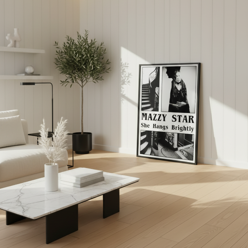 Black and white indie rock album inspired poster for modern gallery walls.