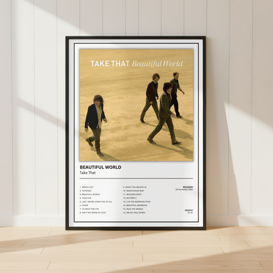 Take That Beautiful World album cover poster displayed in a sleek black frame featuring the iconic artwork and complete album track listing.