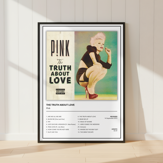 A framed Pink 'The Truth About Love' music poster leaning against a white paneled wall on a light wood floor, with soft diagonal shadows across the scene.