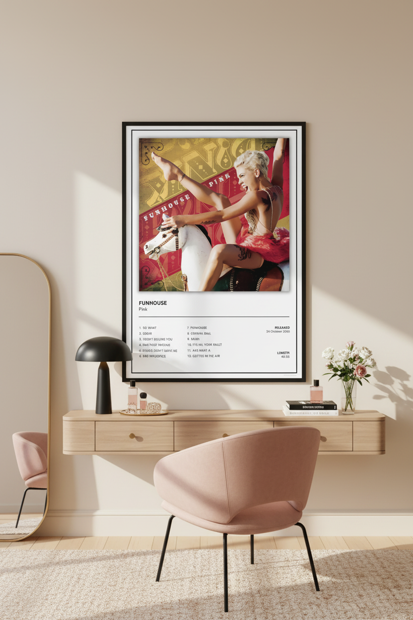 A framed music poster for the band Funhouse, featuring the album cover art and tracklist, displayed against a white paneled wall on a light wood floor.