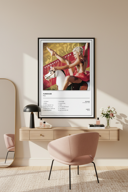 A framed music poster for the band Funhouse, featuring the album cover art and tracklist, displayed against a white paneled wall on a light wood floor.