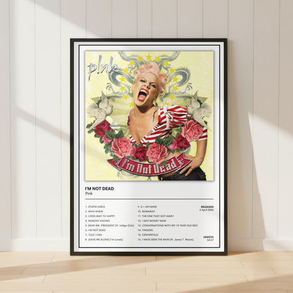 A framed music poster of Pink featuring the tracklist for 'I'm Not Dead' on a light wood floor against a white paneled wall.