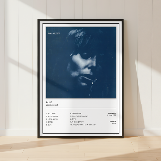 Minimalist Joni Mitchell Blue album artwork in a thin black frame 
