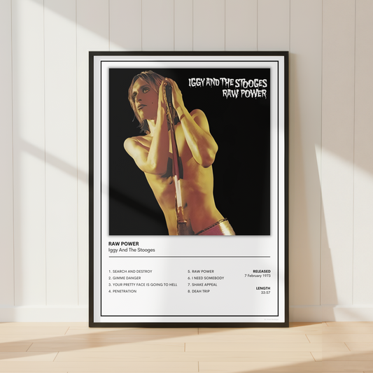 A framed music poster for Iggy Pop and The Stooges' album 'Raw Power' leaning against a white paneled wall on a light wood floor, with soft sunlight casting shadows.