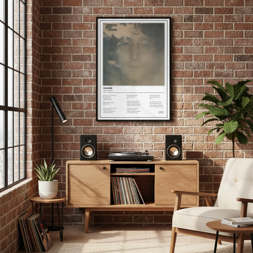 A framed John Lennon 'Imagine' poster leaning against a white paneled wall on a light wood floor, with soft sunlight casting shadows across the scene.