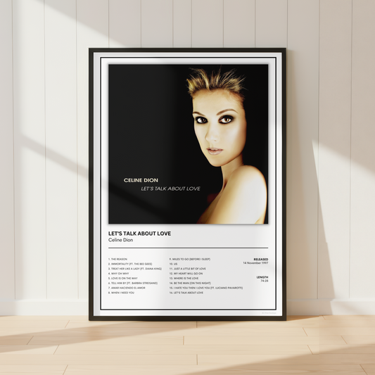 A framed music poster of Celine Dion's 'Let's Talk About Love' leaning against a white paneled wall on a light wood floor.