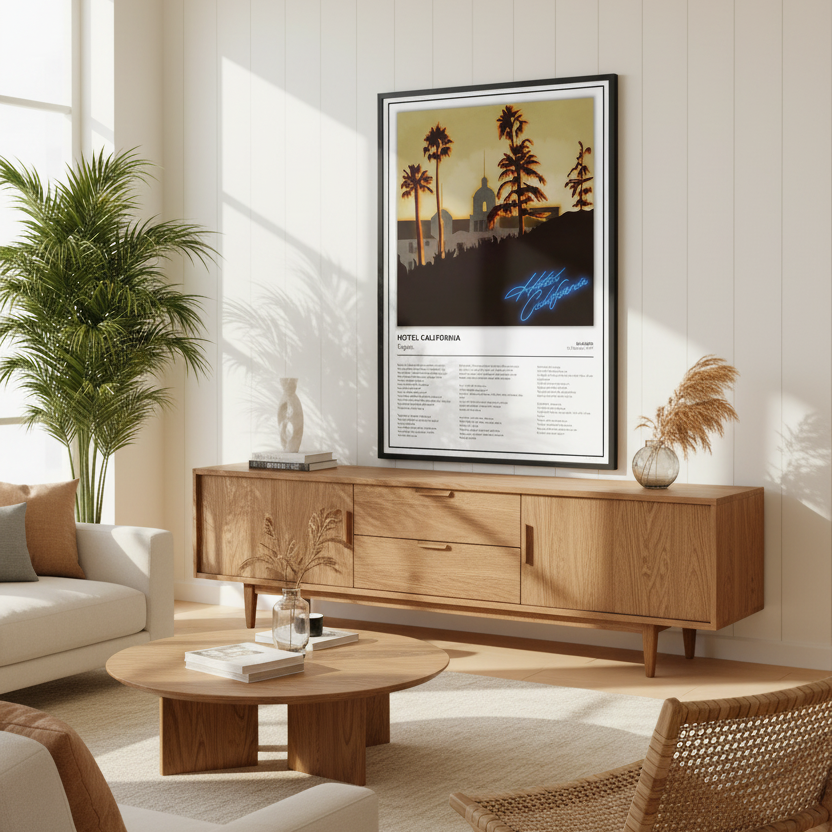 A framed vintage-style poster of Hotel California leaning against a white paneled wall on a light wood floor, with soft sunlight casting shadows across the scene.