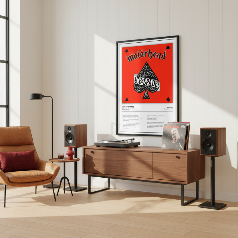 A framed Motorhead 'Ace of Spades' poster leaning against a white paneled wall on a light wood floor, with soft diagonal shadows across the scene.
