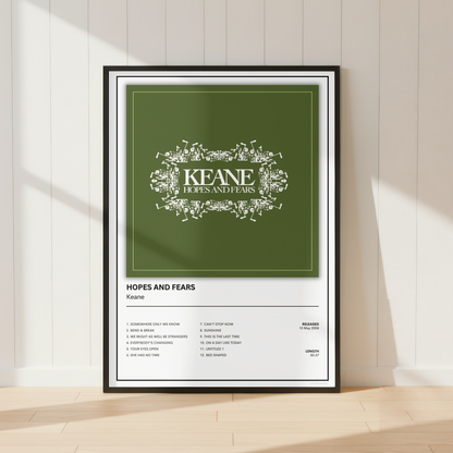 Keane Hopes and Fears album cover poster displayed in a sleek black frame featuring the iconic artwork and complete album track listing.