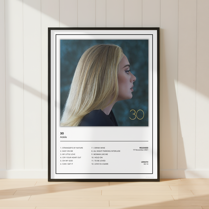 A framed vertical photo print leaning against a white paneled wall on a light wood floor. The print shows a blonde woman in profile with the number 30 and a small tracklist design below, in a black frame.