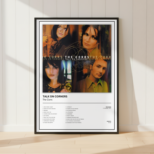 The Corrs Talk On Corners album print in black frame displayed in a bright modern Scandinavian living room.