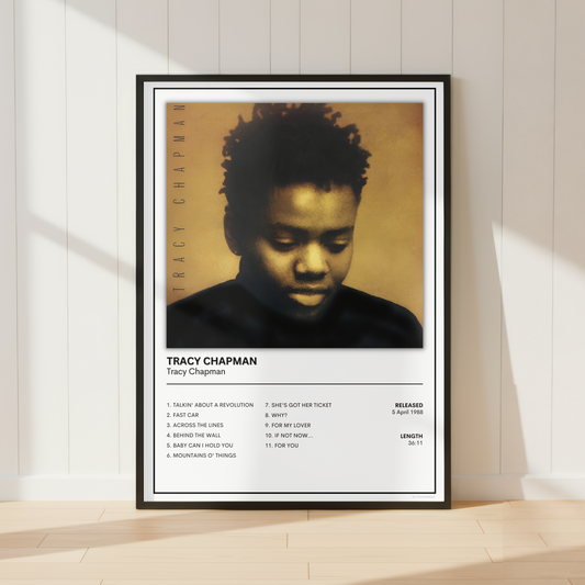 Tracy Chapman album cover poster displayed in a stylish music-inspired living room, featuring the iconic debut album artwork and complete track listing.