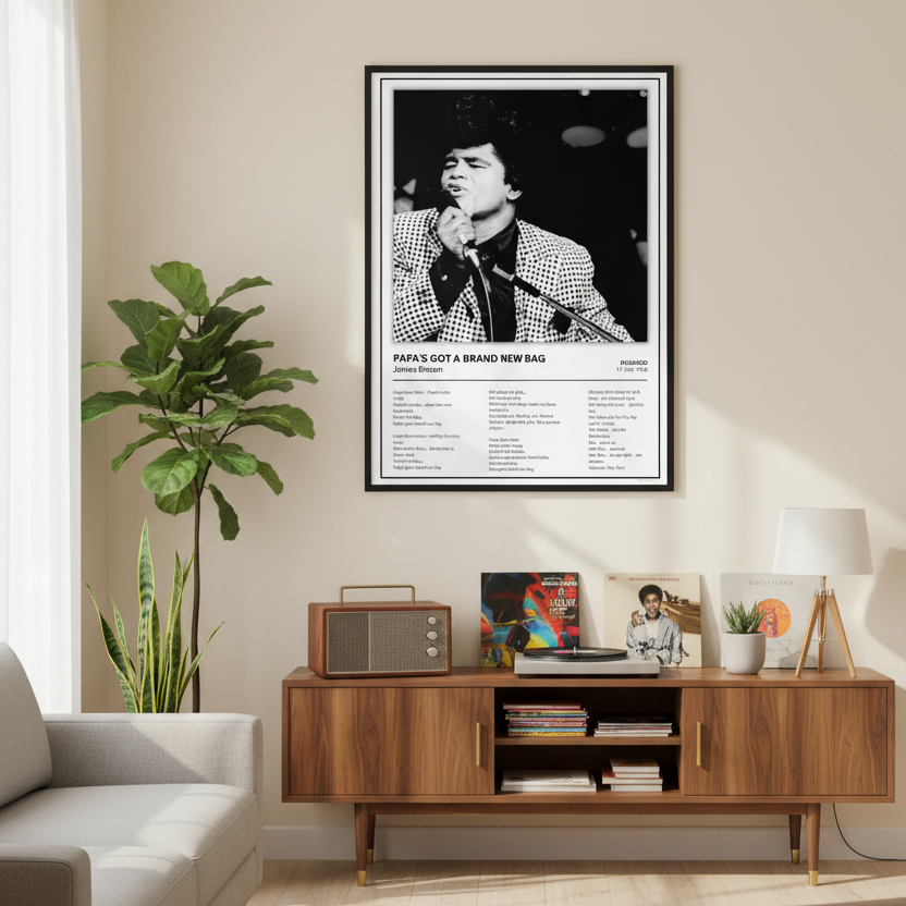 A framed black-and-white music poster of James Brown leaning against a white paneled wall on a light wood floor. The poster features a portrait of James Brown singing into a microphone, with the text 'PAPA'S GOT A BRAND NEW BAG' and a tracklist below.