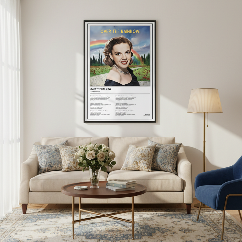 A framed poster titled 'Over the Rainbow' leaning against a white paneled wall on a light wood floor. The poster features a vintage-style portrait of a woman with a rainbow and landscape in the background, plus song lyrics printed below.