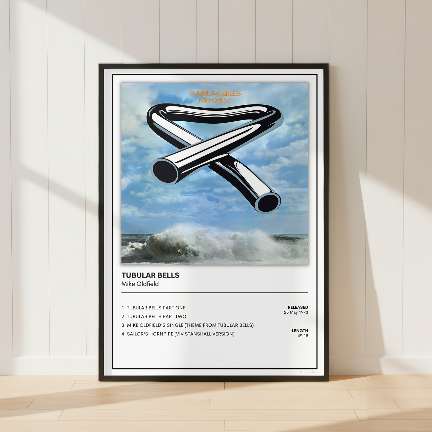 Mike Oldfield Tubular Bells album cover poster displayed in a modern minimalist bedroom, featuring the iconic artwork and complete track listing.