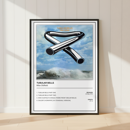 Mike Oldfield Tubular Bells album cover poster displayed in a modern minimalist bedroom, featuring the iconic artwork and complete track listing.