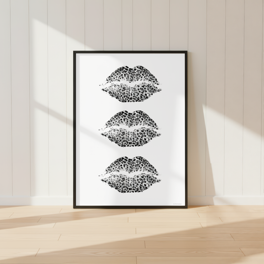 Leopard Lips Monochrome Wall Art Print